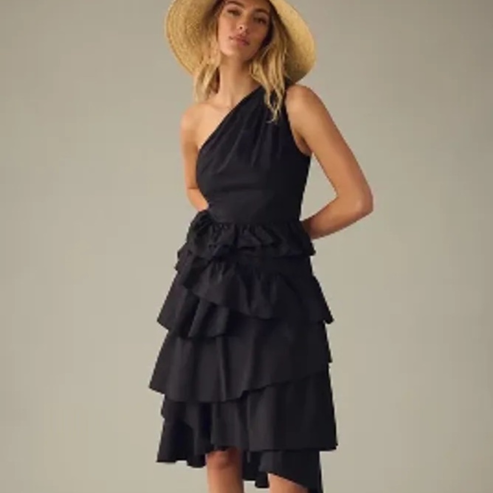 By Anthropologie One-Shoulder Tiered Midi Dress, Black, Size 4